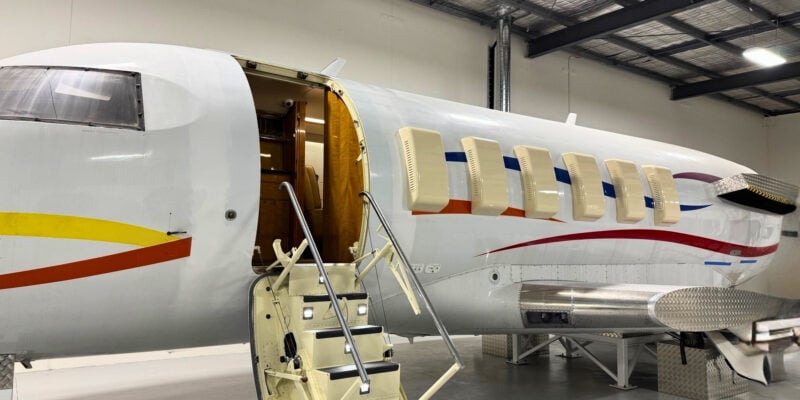 Bombardier Challenger 605 aircraft being transformed into a Cabin Emergency Evacuation Trainer for CrewSafety Australia by Spatial Composite Solutions.