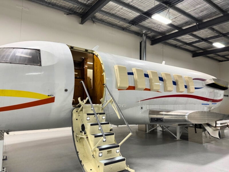 Bombardier Challenger 605 aircraft being transformed into a Cabin Emergency Evacuation Trainer for CrewSafety Australia by Spatial Composite Solutions.